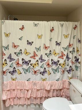 Butterfly Ruffle Shower Curtain in Pink and cream